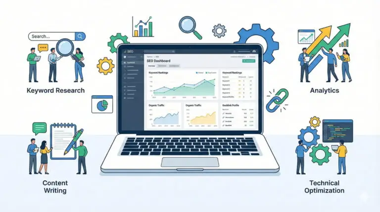 Laptop displaying an SEO dashboard with small teams of people around it working on keyword research, analytics, backlinks, and content optimization.