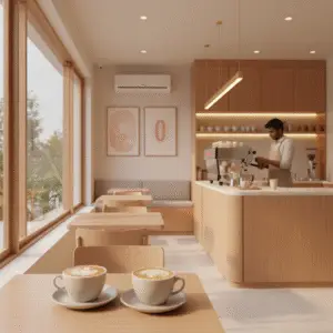 Warm, modern coffee shop interior in Kochi with sunlight, wooden décor, and a barista preparing coffee.